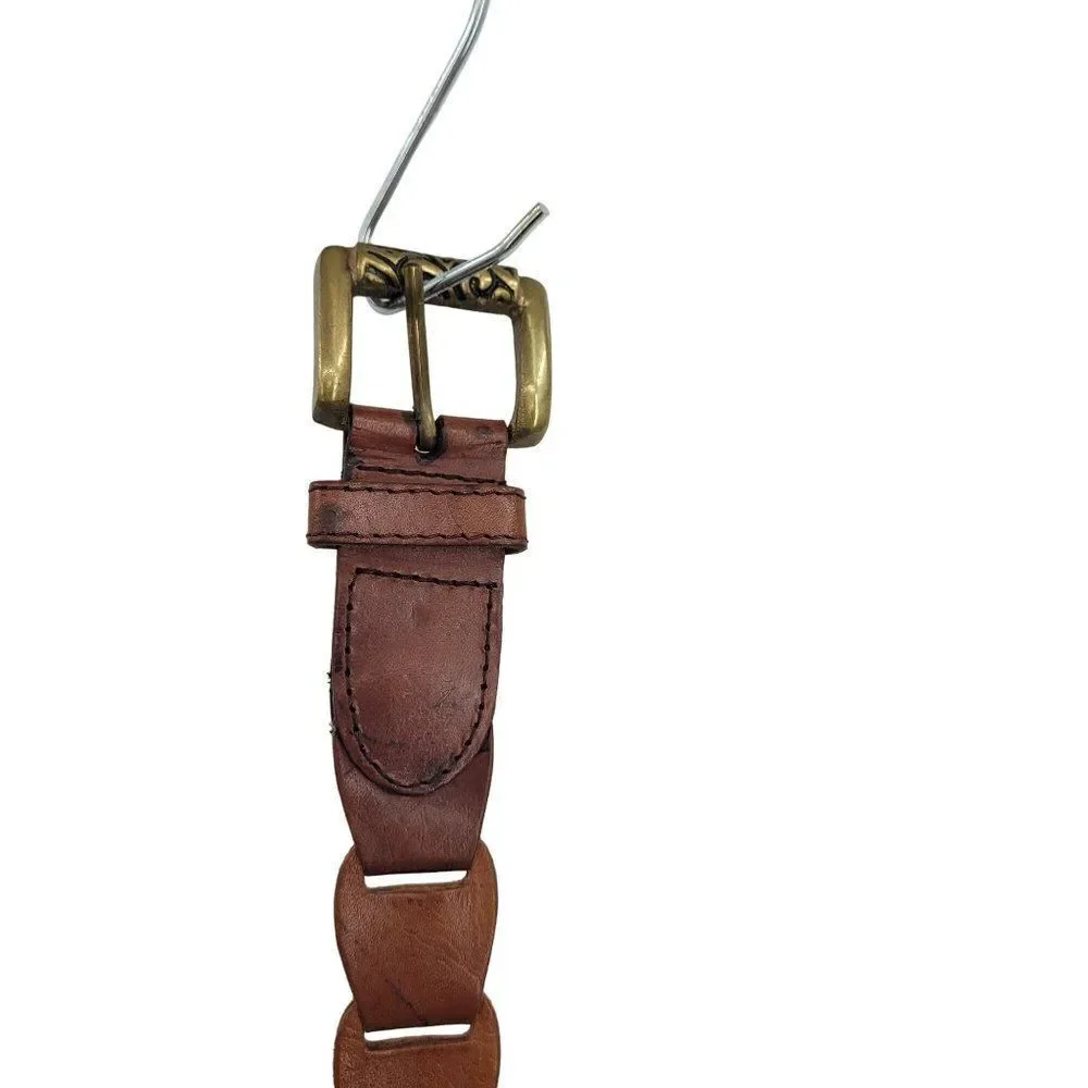 Vintage Amiee Lynn Leather Belt‎ M Brown Brass Square Buckle Medallion Country